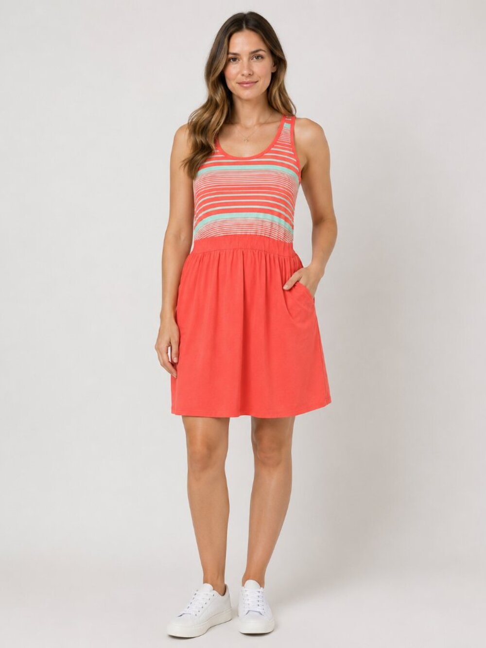 The North Face Alysia Tank Dress Large Coral Aqua Striped Cotton Modal Pockets